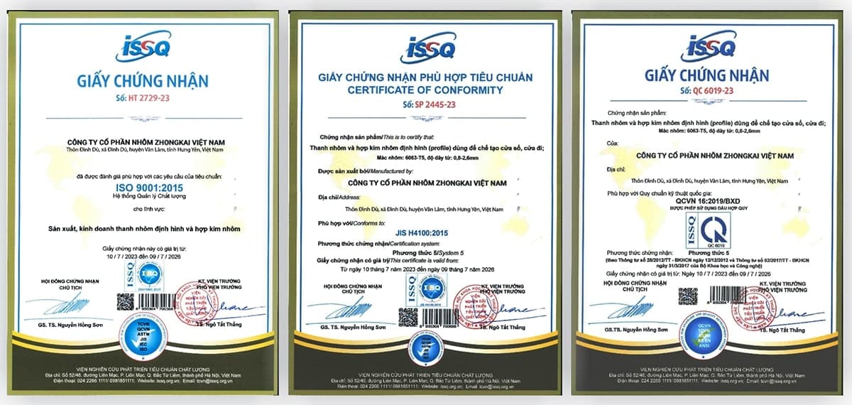 Giấy chứng nhận chất lượng thanh nhôm dùng để sản xuất cửa của AG Việt Nam